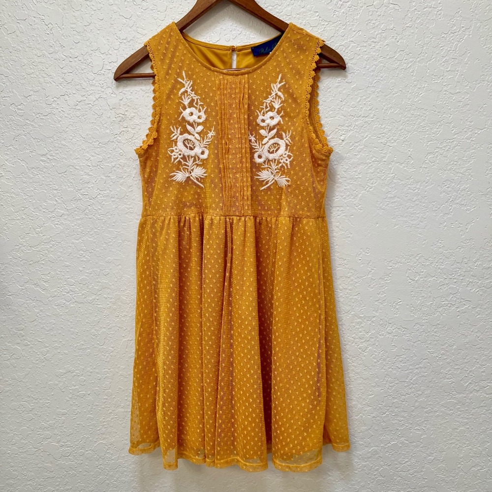 Blue Rain Mustard Yellow Swiss Dot Floral Embroidered Sleeveless Mini S Bohemian